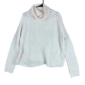 BASS Womens Sweater Ivory Turtleneck Boxy Crisscross Knit Long Sleeve Wool M